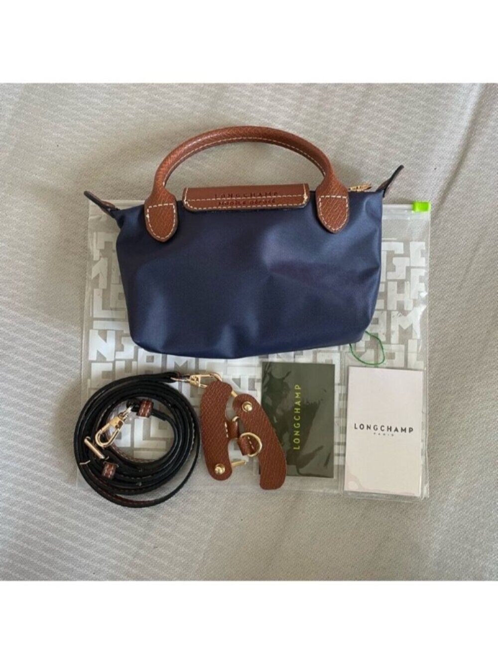 Longchamp navy nylon mini tote with brown leather flap and handle - Picture 2 of 5